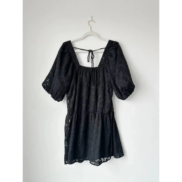 Nordstrom Lush Black Textured Puff Sleeve Mini Dress - Size Small - Picture 4 of 8